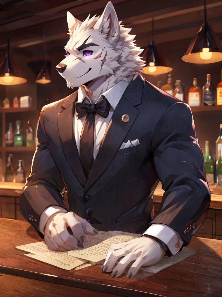 embedding:Black wolf,male, Purple eyes,Scar on the face, Single Person,black fur.The chest and abdomen are white fur.The mob boss,Tattoo,Black suit,At the bar,happy,Smart,Adult male,Handsome,Best quality hands, best quality eye,detailed fur,Delicate eyes.Extreme picture quality,by sollyz,by zixiong,by null_ghost