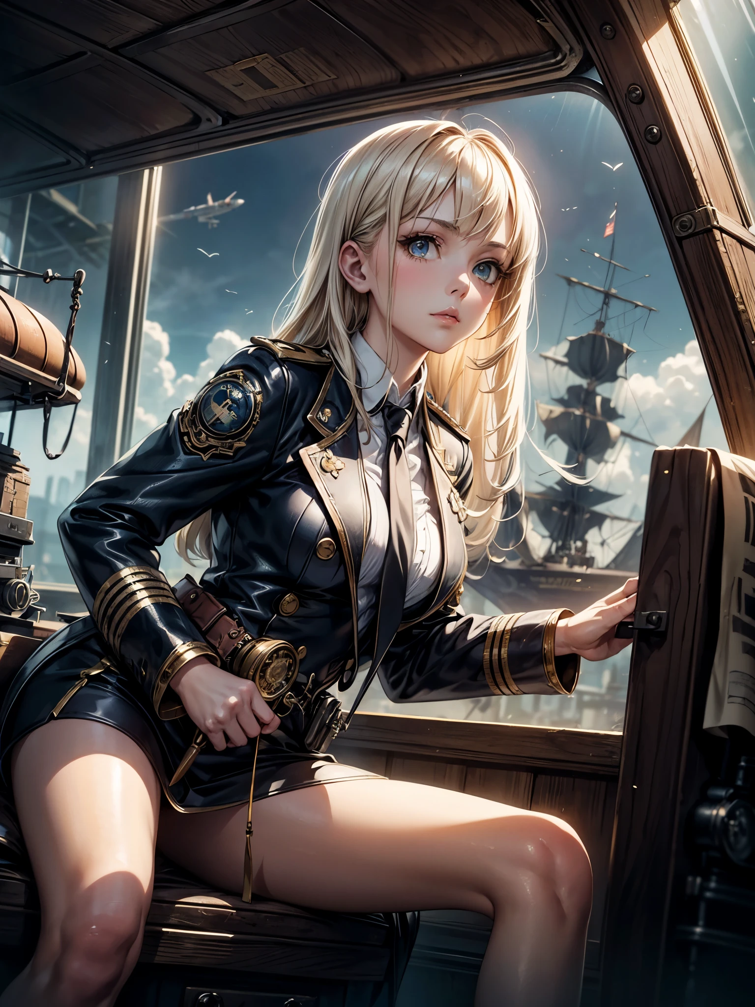 a steampunk-themed artwork featuring a beautiful woman as an intrepid airship captain, ready for adventure, platinum blonde hair, long bangs, award ribbon, military,  major, realistic, closed mouth, looking up, from side, feet out of frame, adjusting necktie,、sultry look, seductive,
