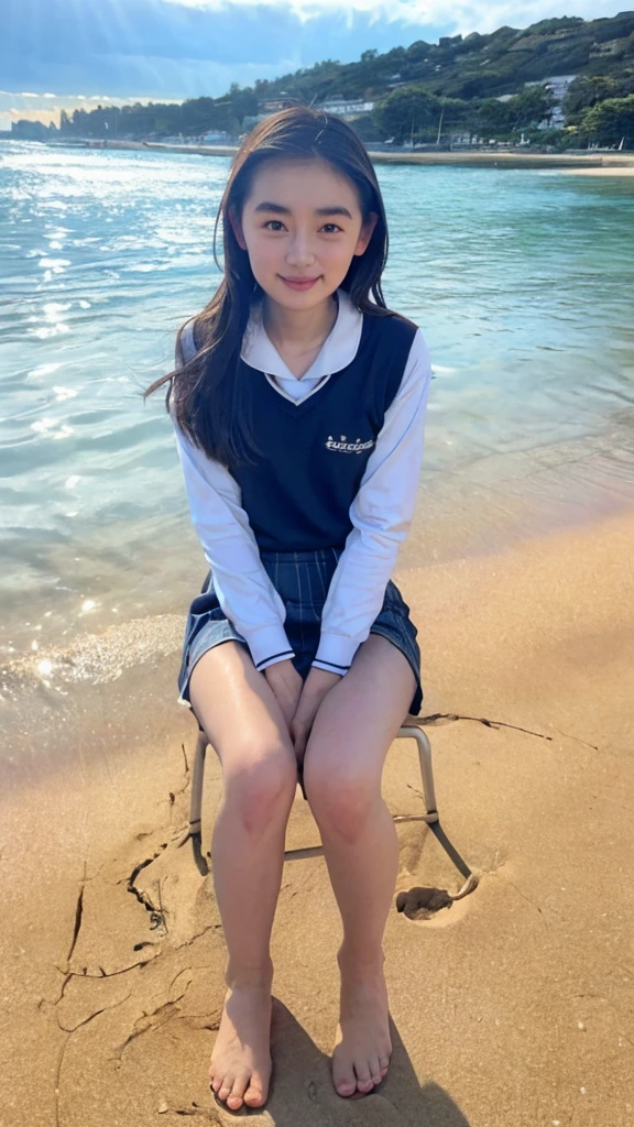 At the beach dyed in the sunset、Cute Japanese  playing in the water by herself。She has straight black hair down to her shoulders、The bangs are cut straight above the eyebrows。She is wearing a traditional Japanese uniform.、The uniform is a sailor top with a white collar and navy blue lines.、And she is wearing a navy blue pleated skirt.。A red scarf is tied neatly around the chest of the top.。

She rolled up the sleeves of her uniform to her elbows、The hem of my skirt is also a little wet.。Walk barefoot on the sandy beach、I smile every time a wave hits my feet.。Her feet are white and small、There&#39;s fine sand on my toes。She was happily splashing around on the shoreline.、Occasionally, they scoop up seawater with their hands and throw it back into the waves.。Every time the water touches your feet it splashes a little.、They seem to be having fun.。

The blue sea and white sandy beach spread out in the background.、And the beautiful orange sky at sunset is depicted.。A small island in the distance々I can see、Seagulls are flying around。The shore is littered with small shells and driftwood.、The atmosphere is such that you can almost hear the sound of the waves.。Behind her、There was a school bag carelessly placed on the beach.、Next to it are carefully arranged shoes and socks.。The color of the bag is black、Embroidered school logo。Overall、Relaxing after school and、This is a scene that brings back fond memories of the end of summer.。
