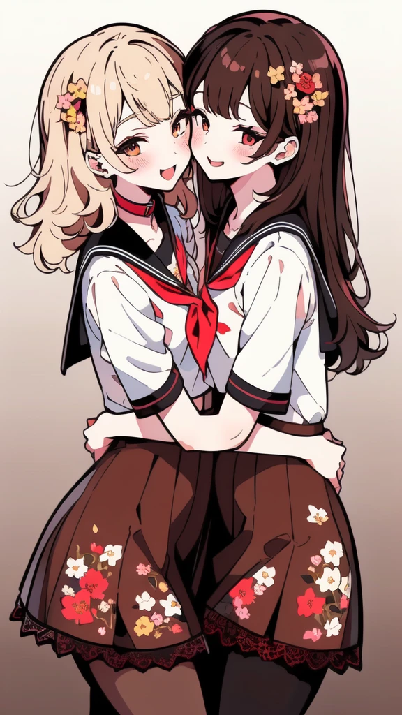 ((YURI)), Perfect Face, Multiple Girls, (((2Girls))), ((Brown Hair Gril, Short Hair)), ((Blonde Hair Girl, Wavy Hair)), (((Two Friendly Girls:1.4))), ((Hug)), (((Symmetrical Posture, Cheek-to-Cheek:1.4))), (((Smile))), (((Half Closed Eyes))), Open Mouth:0.8, BREAK; 
(MakeUp, Red Eyeliner), ((School Uniform, Sailor Suit, Collar, White Shirts, Short Sleeve, Red Neckerchief)), ((School, Skirt)), (Brown Lace Pantyhose, Lace:1.5), Thighs:1.1, (Brown Loafers), Slender Body, ((Small Breasts:1.4)), Red Nails, 
BREAK; 
(8K, Best Quality, Ultra Detailliert, Highres, Absurdres, Perfect Anatomy, Masterpiece), Strong Outline, Five Fingers, (Blush), ((Posed Photo:1.3)), ((Wide-Angle Photo:1.3)), Dutch Angle, ((White BackGround, Floral Print:1.5, Flower BackGround:1.3, Floral BackGround:1.3)),