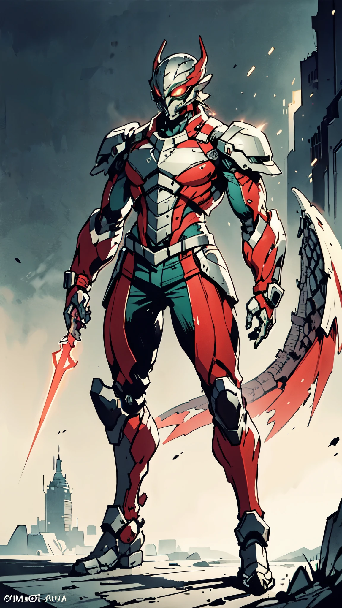 A man wearing a full-face helmet, a fantasy-style biotech armored combat suit, green eyes, (a composite layered chest armor), fully enclosed shoulder guards, matching arm and leg guards, the belt is adorned with dragon claw grasping orbs, (the color scheme is primarily black with red accents), the design balances heavy with agility, a high-tech bio-mecha armor, (Armor Concept Inspired by Dragons, stand on the top of a skyscraper in a futuristic sci-fi city), this character embodies a finely crafted fantasy-surreal style armored hero in anime style, exquisite and mature manga art style, (element, plasma, energy, the armor glows), ((male:1.5)), metallic, real texture material, dramatic, high definition, best quality, highres, ultra-detailed, ultra-fine painting, extremely delicate, professional, perfect body proportions, golden ratio, anatomically correct, symmetrical face, extremely detailed eyes and face, high quality eyes, creativity, RAW photo, UHD, 32k, Natural light, cinematic lighting, masterpiece-anatomy-perfect, masterpiece:1.5