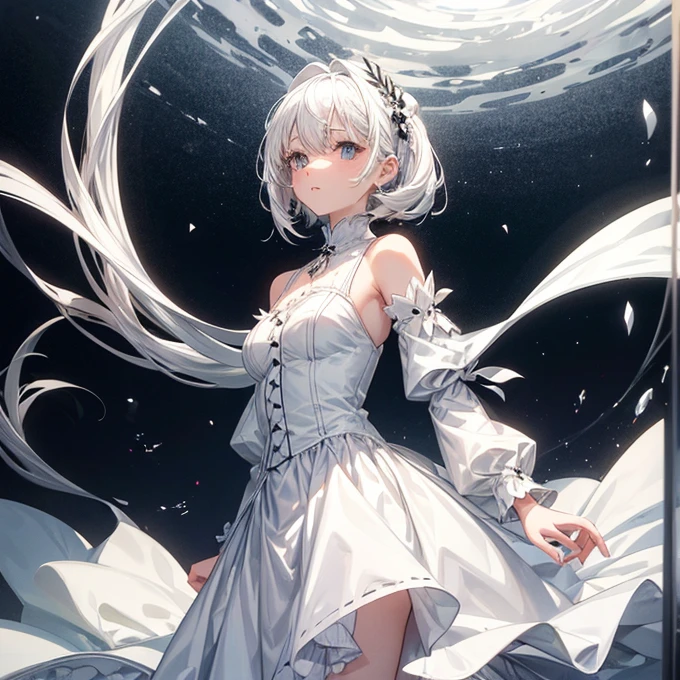 A girl with white hair,Dressed in a white dress,Black,No other decoration