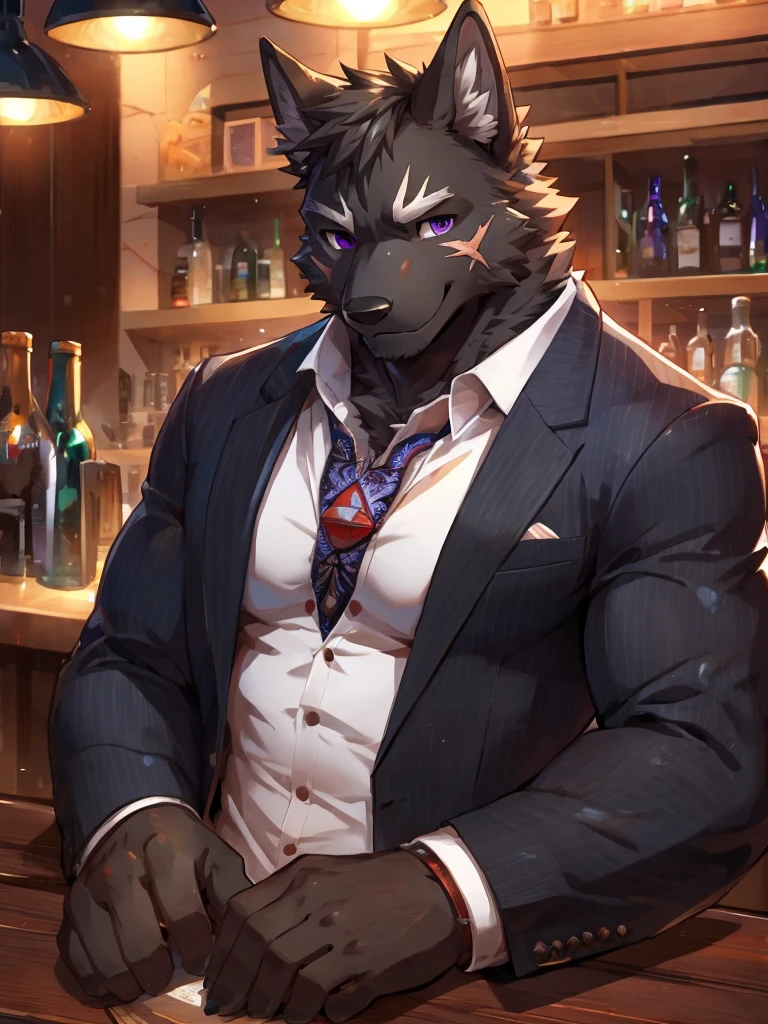 embedding:Black wolf，male, Purple eyes,Scar on the face, Single Person,black fur.The chest and abdomen are white fur.The mob boss,Tattoo,Black suit,At the bar,happy，Smart,Adult male,Handsome,Best quality hands, best quality eye，detailed fur，Delicate eyes.Extreme picture quality，by sollyz,by zixiong,by null_ghost