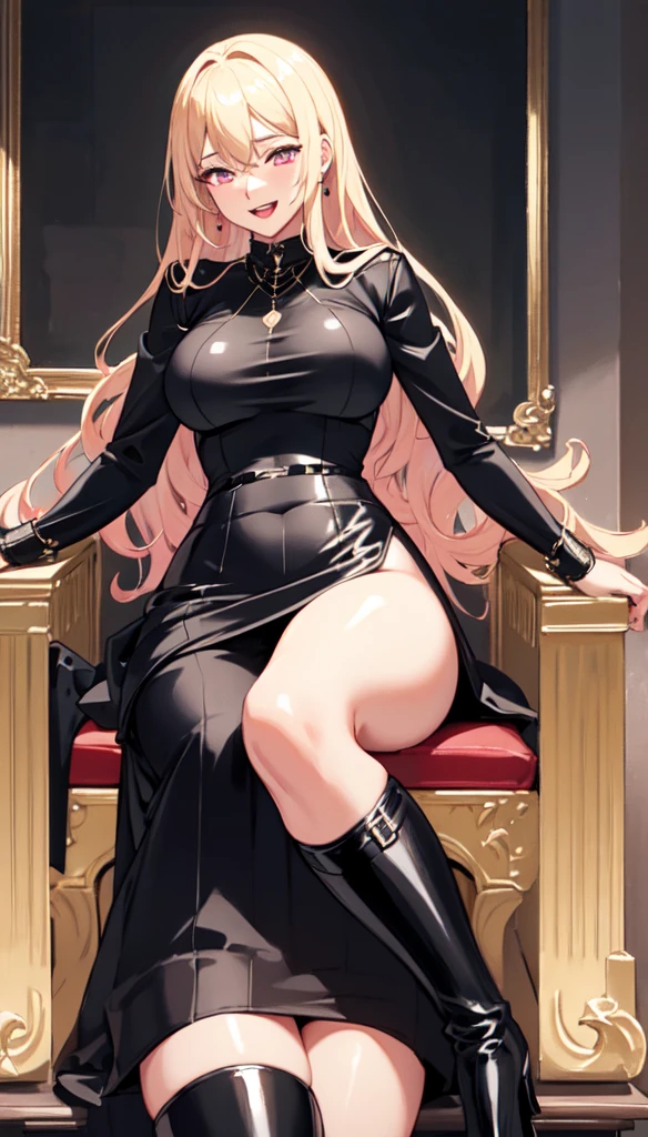 (highest quality:1.2,evil lady,cg, Very detailed, High Detail, digital coloring, High Contrast, masterpiece:1.2,suits, highest quality, Best aesthetics), 8k,masterpiece, cute,tall,beautiful,best quality, 1lady,blonde hair,long hair,wavy hair,empty eyes, (finely detailed glowing eyes and detailed face),,,,extremely detailed cg unity 8k wallpaper,solo,(latex military costume:0.9),large breasts,seductive smile,,latex thighhigh,large breasts,black hair,pink eyes,no jacket,formal shirts,thighhigh,,enamel suits,grossy lips,sitting,tight skirt,sadistic smile,,heel,shiny skin,tight skirt,detailed face,beautiful body,,adult,,show me breasts,sadistic,seductive smile,business suits,latex,no tie,bust shot,open mouth,necklace,office room,from below,burikko pose