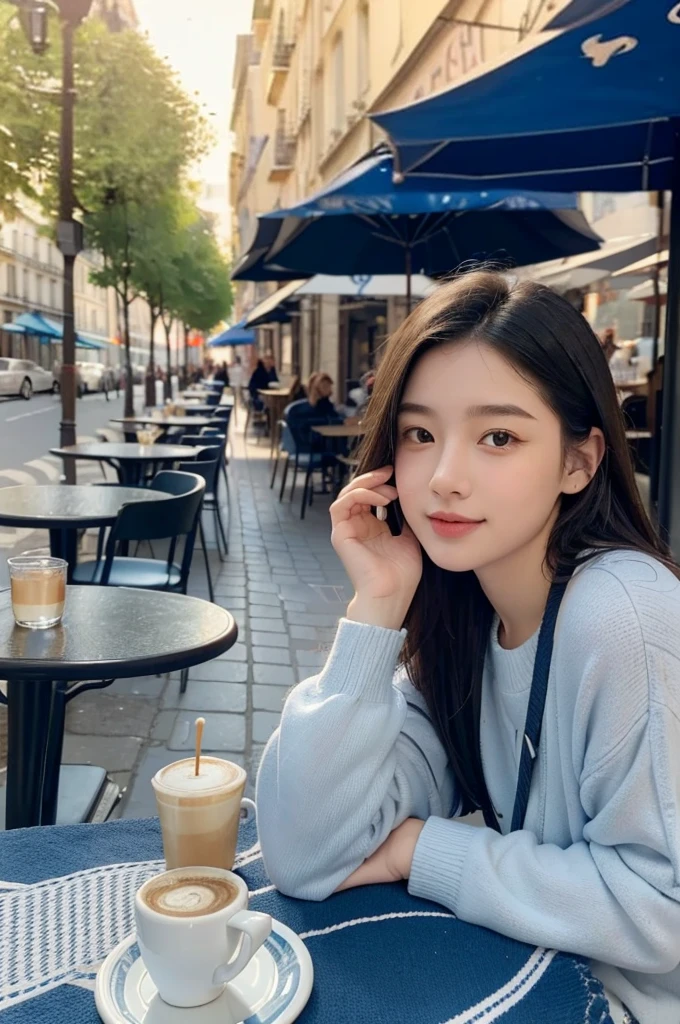 Mood photo for advertising, -yeld gisitting at a coffee table holding a tablecloth with blue and white patches, outside sidewalk cafe, Exterior front shot, Close-up selfie, In addition to cobblestone paving, in paris, Enjoy a cuppaccino, morning sunlight outside the window, realistic, selfie 