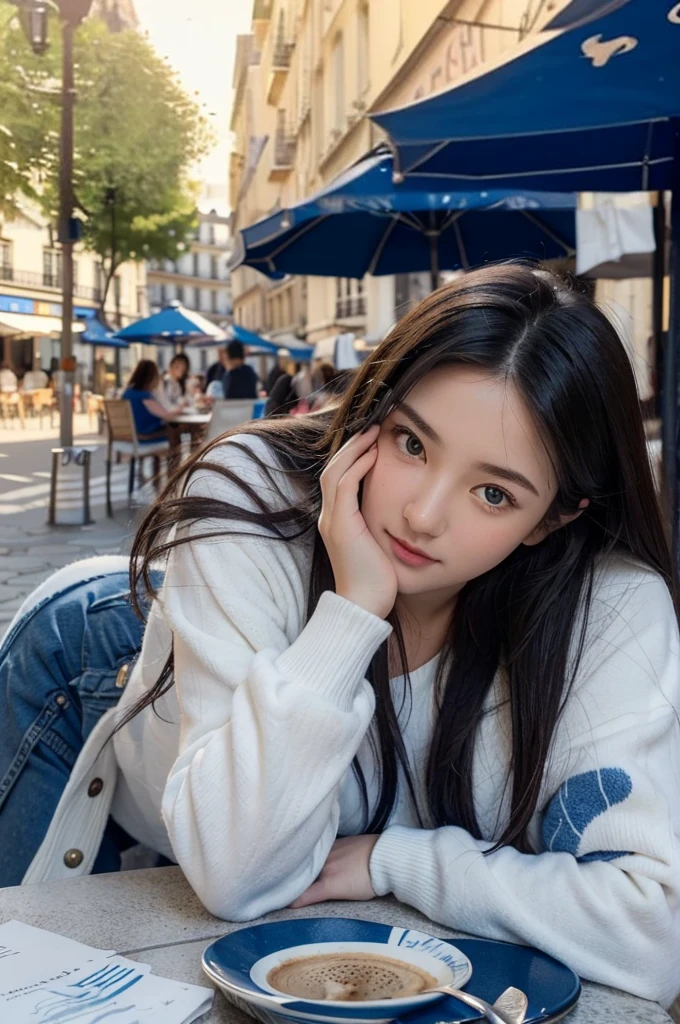 Mood photo for advertising, -yeld gisitting at a coffee table holding a tablecloth with blue and white patches, outside sidewalk cafe, Exterior front shot, Close-up selfie, In addition to cobblestone paving, in paris, Enjoy a cuppaccino, morning sunlight outside the window, realistic, selfie 