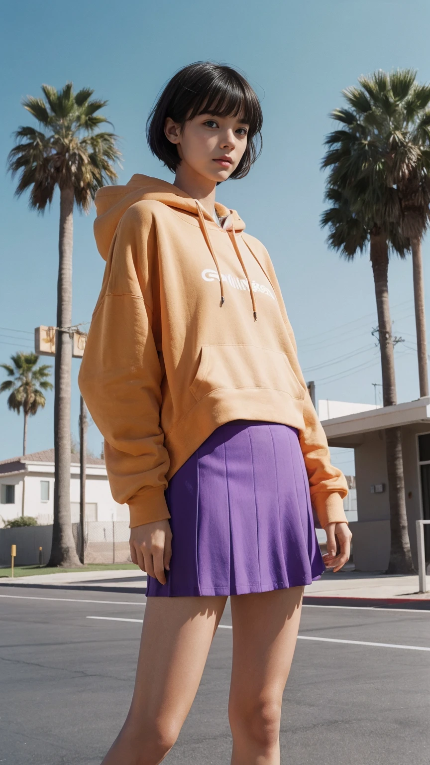 long shot portrait of cute 23 yo girl, happy body shape ,wearing ((orange color oversized hoodie)), wear ((purple tennis skirt)),looking front,Best Quality,Masterpiece,Ultra High Resolution,(Realisticity:1.4),Original Photo, 1Girl, light leak,ultra high resolution,UHD,beautiful, (black bob hair), almond eye, no makeup, in front of (80's mondrian architecture motel), (realistic:1.2), (surreal:1.3), (very detailed:1.1), ((masterpiece)),summer, blue sky, palm trees,sunny, los angles vibes,film camera, 800mm lens,style of Philip Lorca diCorcia
