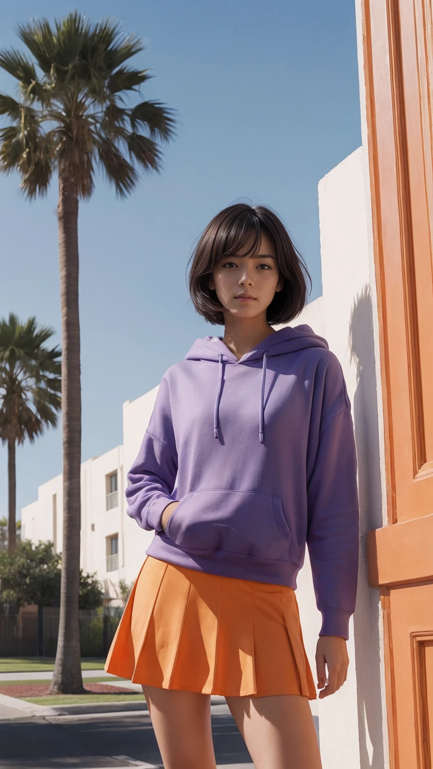 long shot portrait of cute 23 yo girl ,wear ((color orange oversized_hoodie no sleeve)), wear ((purple tennis skirt)),looking front,Best Quality,Masterpiece,Ultra High Resolution,(Realisticity:1.4),Original Photo, 1Girl, light leak,ultra high resolution,UHD,beautiful, (black bob hair), almond eye, no makeup, in front of (80's mondrian architecture motel), (realistic:1.2), (surreal:1.3), (very detailed:1.1), ((masterpiece)),summer, blue sky, palm trees,sunny, los angles vibes,film camera, 800mm lens,style of Philip Lorca diCorcia