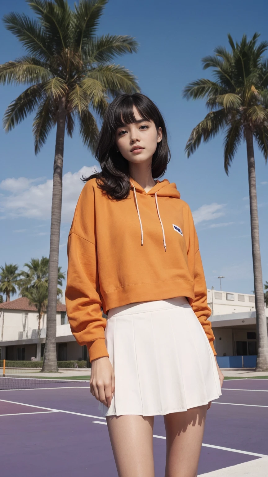 (medium shot portrait) one of cute 23 yo girl ,wear ((orange color oversized_hoodie)), wear ((purple tennis skirt)),looking front,Best Quality,Masterpiece,Ultra High Resolution,(Realisticity:1.4),Original Photo, 1Girl, light leak,ultra high resolution,UHD,beautiful, (black straight hair), almond eye, no makeup, in front of ((80's los angels colorful gas station)), (realistic:1.2), (surreal:1.3), (very detailed:1.1), ((masterpiece)),summer, blue sky, palm trees,sunny, los angles vibes,film camera, 800mm lens,style of Philip Lorca diCorcia