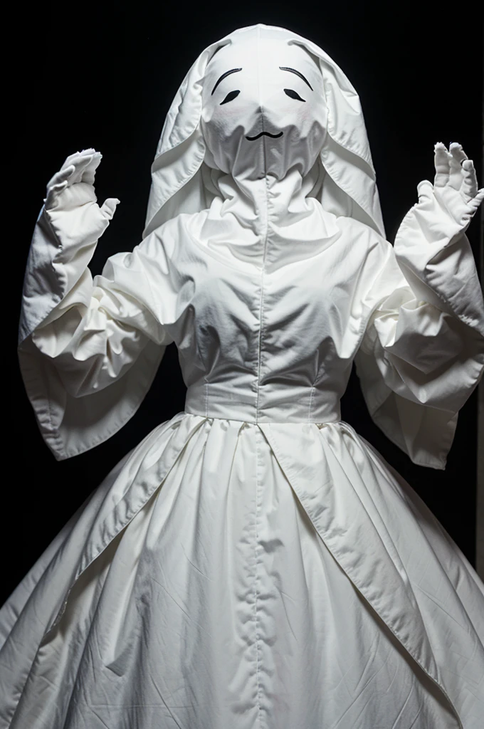 Ghost in white gown, hands raise like puppet, full body, no face, ultra realistic, detailed, black background