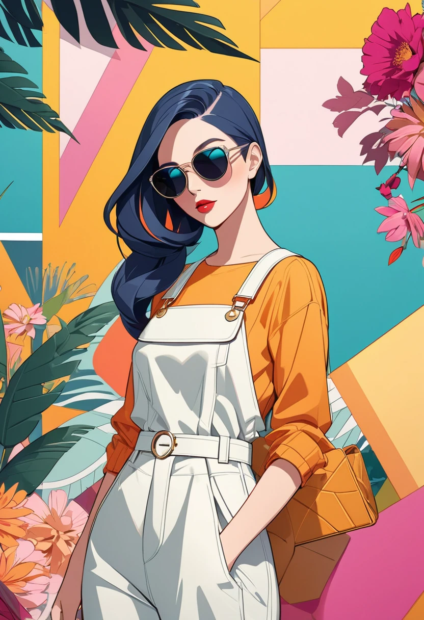 Vivid fashion illustrations for ladies, Including flowers, Leaves, and geometric shapes, Standing in front of an abstract background，Reflecting their whimsical sense of fashion. They wear sunglasses，Feel confident when posing in front of the camera. The overall atmosphere is lively and colorful, Capture the essence of high-end luxury brand style. John Holcroft&#39;s style.