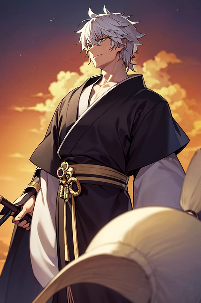 ((Pixiv)),(masterpiece_portrait),(Wuxia),(10s-anime-aesthetic),(Akira Kitamura),1boys,muscular,White_skin,sharp_face,medium_hair,white_hair,curly_hair,hair_over_one_eye,light_green_eyes,samurai,Japan,smiling_face,Closed_mouthhalf-closed_eyes,reaching_out,Black kimono,Gray tasuki,White bell-bottoms,Space Gray shoulder_cape,rice_hat,standing,cowboy shot,male_focus,ligne_claire