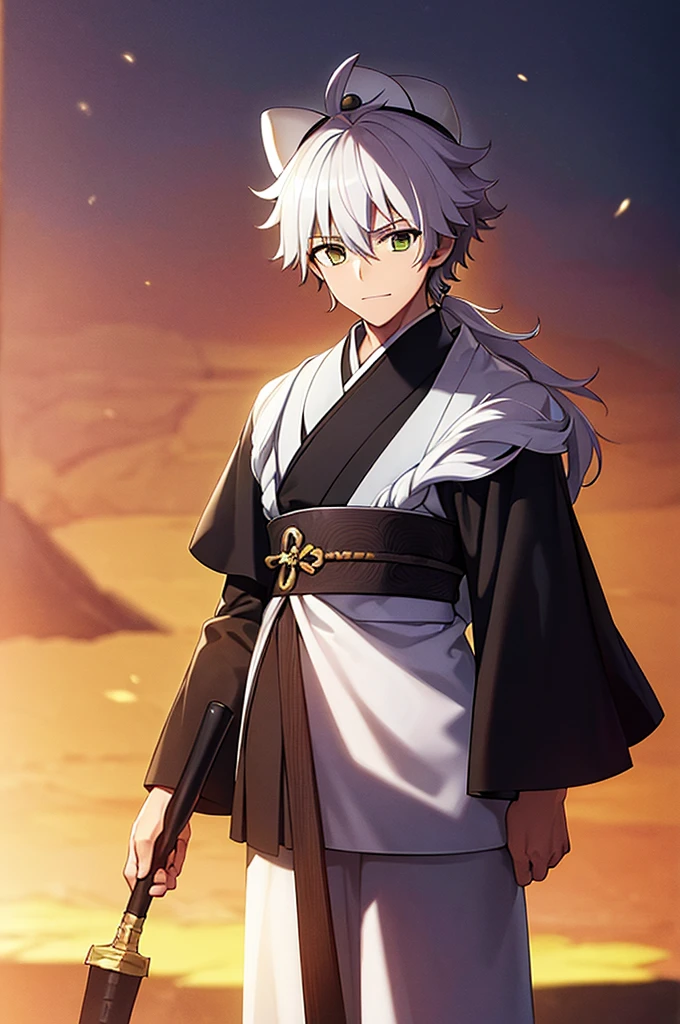 ((Pixiv)),(masterpiece_portrait),(Wuxia),(10s-anime-aesthetic),(Akira Kitamura),1boys,muscular,White_skin,sharp_face,medium_hair,white_hair,curly_hair,hair_over_one_eye,light_green_eyes,samurai,Japan,smiling_face,Closed_mouthhalf-closed_eyes,reaching_out,Black kimono,Gray tasuki,White bell-bottoms,Space Gray shoulder_cape,rice_hat,standing,cowboy shot,male_focus,ligne_claire