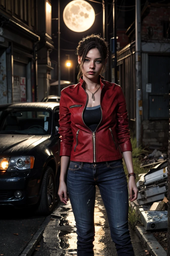 1girl, (realistic),(hyperrealism),(best quality),(masterpiece),(ultra high res),(photorealistic),idol,eye makeup,detailed eyes,detailed face,black dress, claireredfield2, brown hair, (red jacket:1.2), ponytail, (denim pants:1.3),,  red wristband, grey inner bra,,  abandoned street, burning cars in background, littered street, smoke, chaos, zombie apocalypse, nighttime, streetlamp illumination, full moon,,  hiding behind a wall, scared face