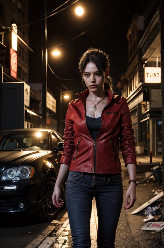 1girl, (realistic),(hyperrealism),(best quality),(masterpiece),(ultra high res),(photorealistic),idol,eye makeup,detailed eyes,detailed face,black dress, claireredfield2, brown hair, (red jacket:1.2), ponytail, (denim pants:1.3),, red wristband, grey inner bra,, abandoned street, burning cars in background, littered street, smoke, chaos, zombie apocalypse, nighttime, streetlamp illumination, full moon,, hiding behind a wall, scared face
