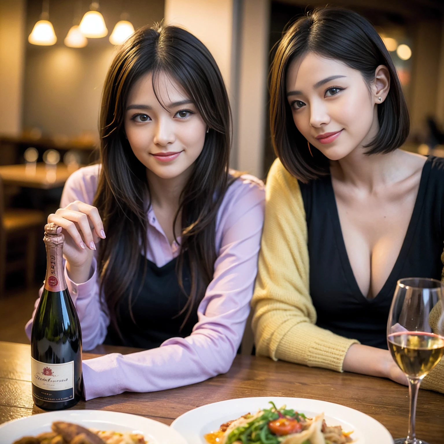((Highest quality、8K、masterpiece:1.3))、slimカップル、Pink rubber、modelカップル、(Realistic, Intricate details:1.2), full-course dinner、Wine Party、Amazing view of the sunset sky and clouds、A bright smile、The wonderfulness of smile、Bright image、The beauty of wine, Beautiful Face, blue eyes, The light shines on your face, Blushing, short hair,Bright Face、 (Age 37), 39 years old, red wine 、Appetizers、Italian food、Wine bottle、Champagne、sparkling wine、Two beauties、Brown Hair、Shortcuts、Long sleeve shirt、dress、Beautiful woman 1, (slimな顔), (The body is slim), (Brown Hair), (Shortcuts), cheeks turn a little red,Attractive beauty、restaurant, In a prominent place (From the waist up) Nova Frog Style, actress, model, Upper Body, White wine, slim, wine glass, 中央に置かれたwine glass, smile, (smile: 1.15), Beautiful fine grain, Depth f/2,saturation, High Contrast, Strong light and shadow,Moist Body:1.5、3D texture、Delicate eyes、Brown Hair、The hair is very shiny、