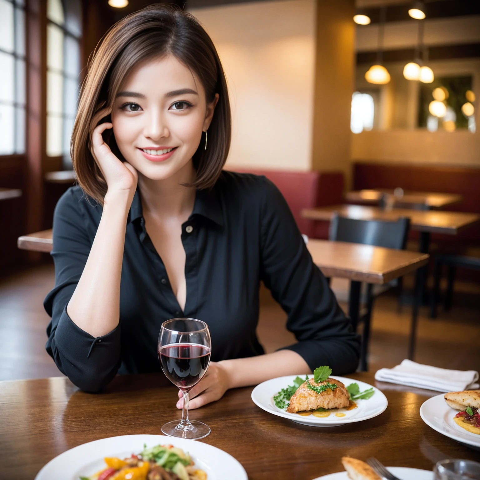 ((Highest quality、8K、masterpiece:1.3))、slimカップル、Pink rubber、modelカップル、(Realistic, Intricate details:1.2), full-course dinner、Wine Party、Amazing view of the sunset sky and clouds、A bright smile、The wonderfulness of smile、Bright image、The beauty of wine, Beautiful Face, blue eyes, The light shines on your face, Blushing, short hair,Bright Face、 (Age 37), 39 years old, red wine 、Appetizers、Italian food、Wine bottle、Champagne、sparkling wine、Two beauties、Brown Hair、Shortcuts、Long sleeve shirt、dress、Beautiful woman 1, (slimな顔), (The body is slim), (Brown Hair), (Shortcuts), cheeks turn a little red,Attractive beauty、restaurant, In a prominent place (From the waist up) Nova Frog Style, actress, model, Upper Body, White wine, slim, wine glass, 中央に置かれたwine glass, smile, (smile: 1.15), Beautiful fine grain, Depth f/2,saturation, High Contrast, Strong light and shadow,Moist Body:1.5、3D texture、Delicate eyes、Brown Hair、The hair is very shiny、