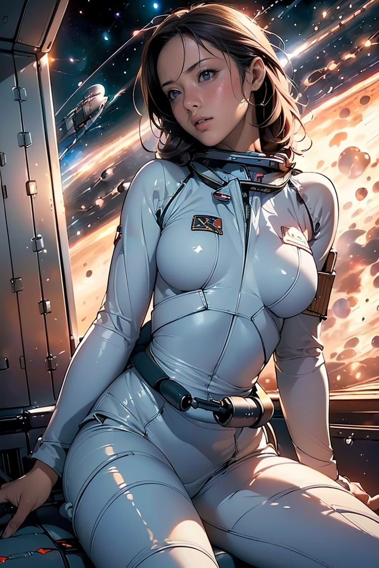 (masterpiece,top quality,high quality)), ((8K wallpaper unified with high definition CG)), (huge stunning goddess shot, so hot and sexy, jaw dropping beauty, perfect proportions, beautiful body, slim body beauty:1.1), (((Space War:1.5))), Cockpit of a small fighter plane, large windows, space outside the windows, beams of light intermingling, explosions at close range, ((pilot sitting in seat and controlling the plane, wearing tight pilot suit, secured by seatbelt, gripping the controls:1.3)), detailed cockpit, motorcycle-like cockpit, ((tension, impatience, anger)),