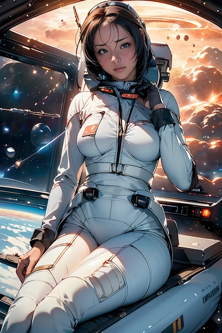 (masterpiece,top quality,high quality)), ((8K wallpaper unified with high definition CG)), (huge stunning goddess shot, so hot and sexy, jaw dropping beauty, perfect proportions, beautiful body, slim body beauty:1.1), (((Space War:1.5))), Cockpit of a small fighter plane, large windows, space outside the windows, beams of light intermingling, explosions at close range, ((pilot sitting in seat and controlling the plane, wearing tight pilot suit, secured by seatbelt, gripping the controls:1.3)), detailed cockpit, motorcycle-like cockpit, ((tension, impatience, anger)),