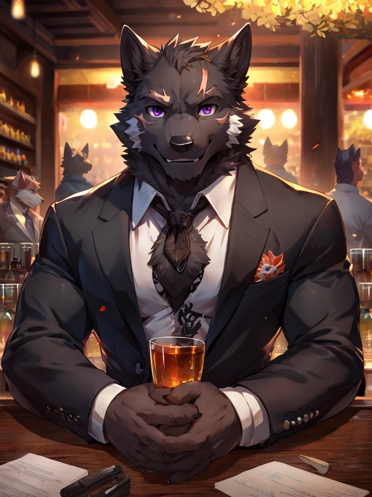 embedding:Black wolf,male, Purple eyes,Scar on the face, Single Person,black fur.The chest and abdomen are white fur.The mob boss,Tattoo,Black suit,At the bar,happy,Smart,Adult male,Handsome,Best quality hands, best quality eye,detailed fur,Delicate eyes.Extreme picture quality,by sollyz,by zixiong,by null_ghost