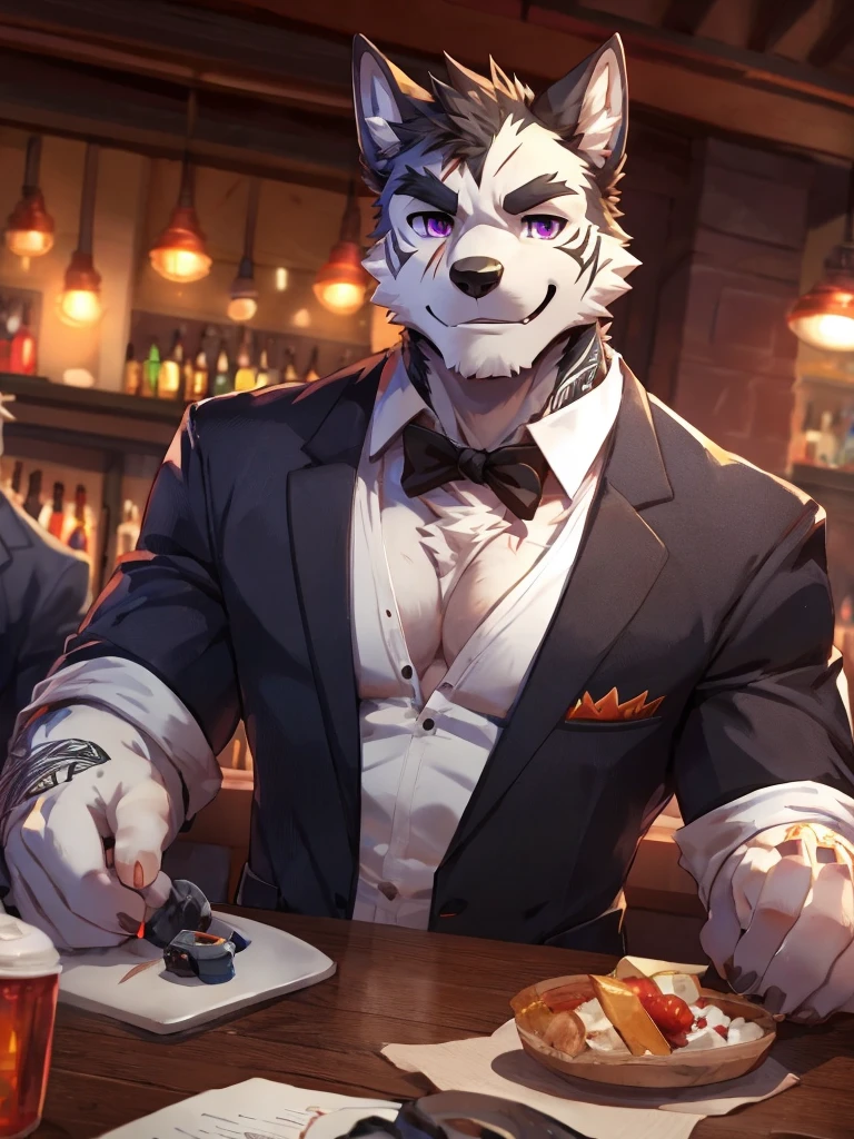 embedding:Black wolf,male, Purple eyes,Scar on the face, Single Person,black fur.The chest and abdomen are white fur.The mob boss,Tattoo,Black suit,At the bar,happy,Smart,Adult male,Handsome,Best quality hands, best quality eye,detailed fur,Delicate eyes.Extreme picture quality,by sollyz,by zixiong,by null_ghost