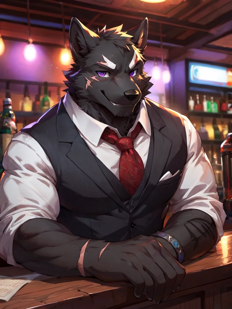 embedding:Black wolf,male, Purple eyes,Scar on the face, Single Person,black fur.The chest and abdomen are white fur.The mob boss,Tattoo,Black suit,At the bar,happy,Smart,Adult male,Handsome,Best quality hands, best quality eye,detailed fur,Delicate eyes.Extreme picture quality,by sollyz,by zixiong,by null_ghost