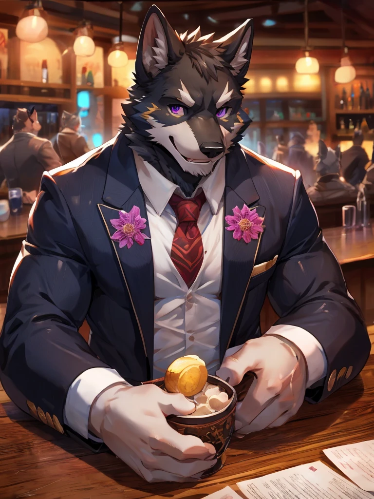 embedding:Black wolf，male, Purple eyes,Scar on the face, Single Person,black fur.The chest and abdomen are white fur.The mob boss,Tattoo,Black suit,At the bar,happy，Smart,Adult male,Handsome,Best quality hands, best quality eye，detailed fur，Delicate eyes.Extreme picture quality，by sollyz,by zixiong,by null_ghost