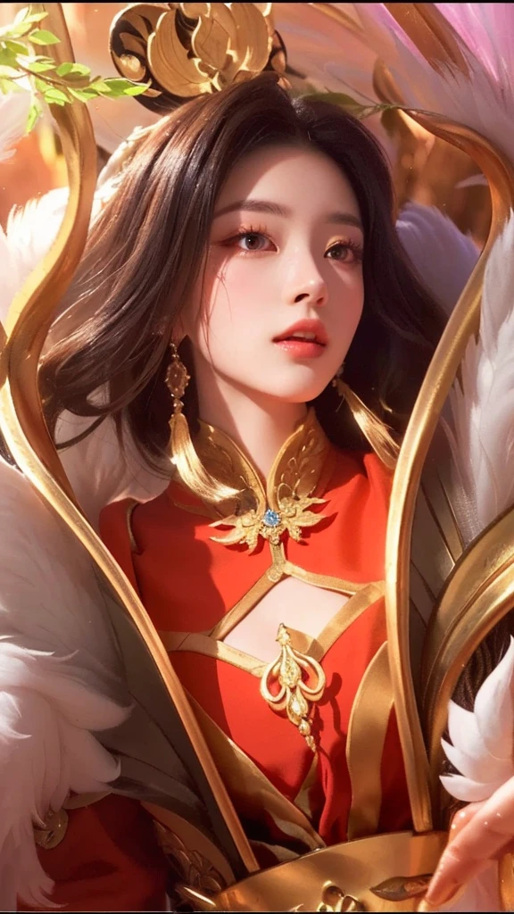 a beautiful detailed woman with striking eyes, elegant lips, and an intricate hairstyle, standing in a mystical forest setting, a majestic goat by her side, a vibrant bird perched on her finger, highly detailed onmyoji-style portrait, ethereal lighting, warm color palette, masterpiece, 8k, photorealistic