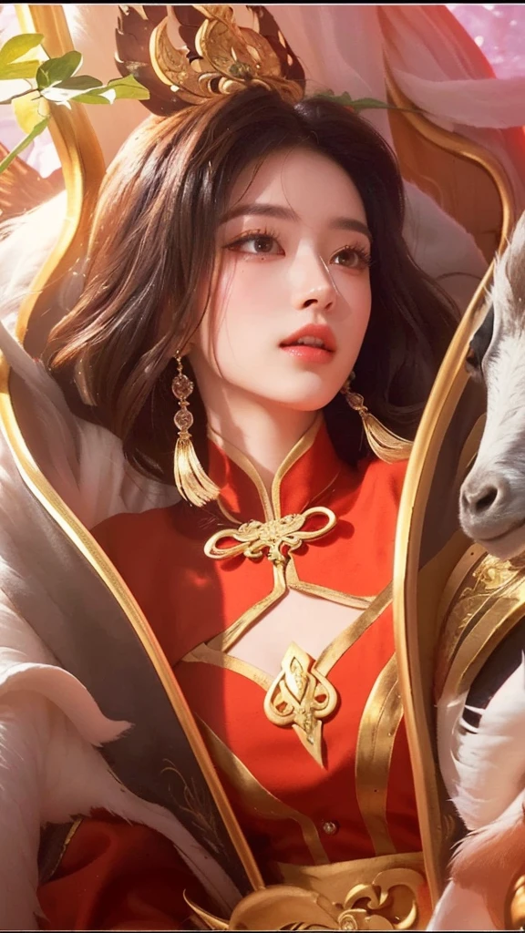 a beautiful detailed woman with striking eyes, elegant lips, and an intricate hairstyle, standing in a mystical forest setting, a majestic goat by her side, a vibrant bird perched on her finger, highly detailed onmyoji-style portrait, ethereal lighting, warm color palette, masterpiece, 8k, photorealistic