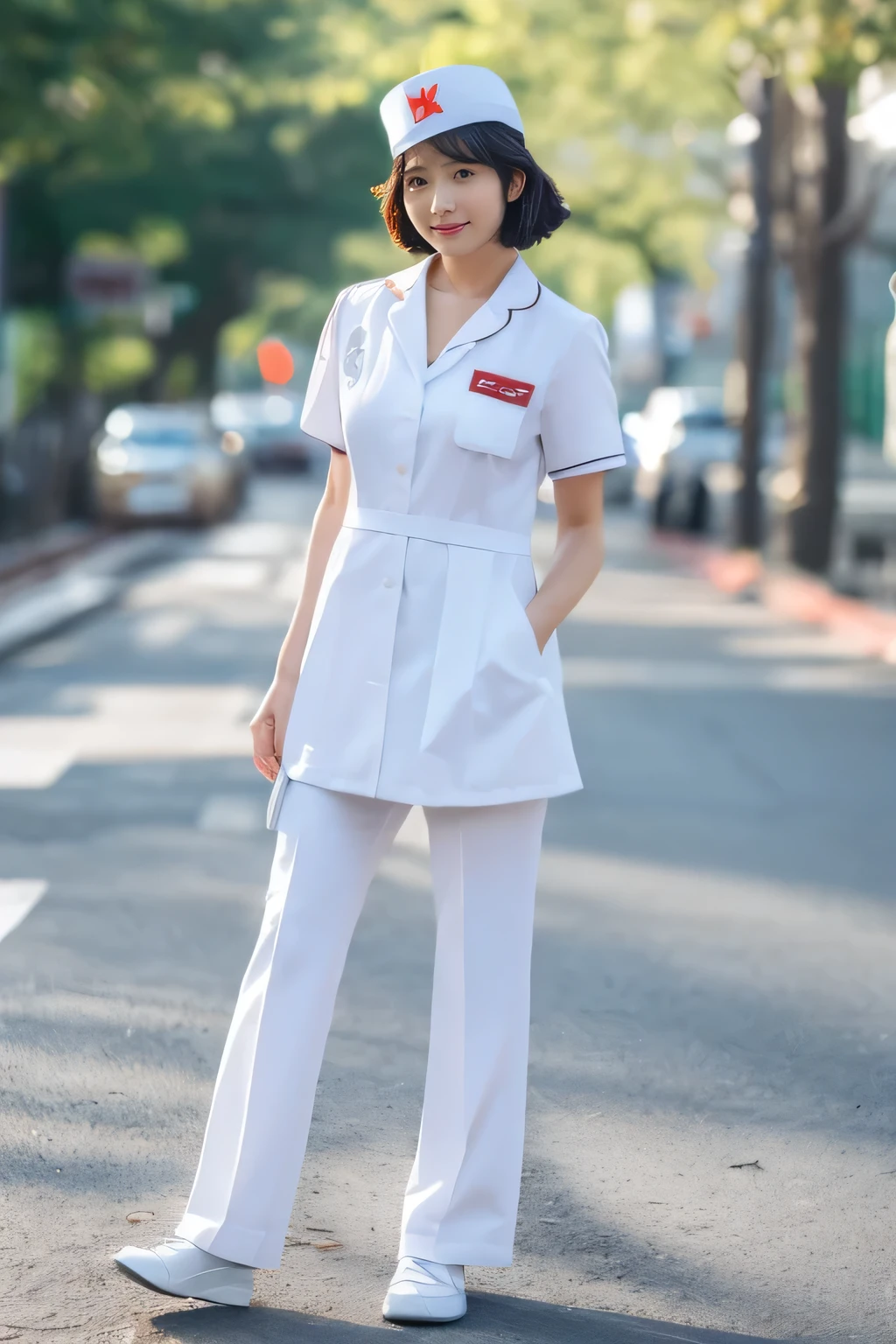 (8k, best quality, masterpiece:1.3), (Zoom out shot, full body standing:1.2), (beautiful Japanese mature woman), shirt cut hair, (wearing white Nurse's uniform, Nurse's cap :1.2),