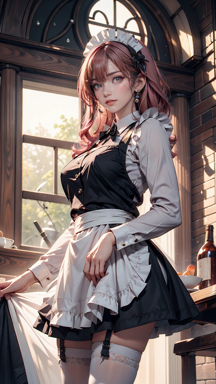 One girl, apron, bow, cube hair ornaments, dress, Frills, dark (Performance), hair ornaments, heart, heart hands, Long Hair, avert your eyes, Maid, Maid apron, Maid headdress, Mary Jane, One side up, Pink Hair, Shadowed face, shoes, short dress, alone, Sweat drops, Knee socks, white Knee socks, zettai ryouiki,