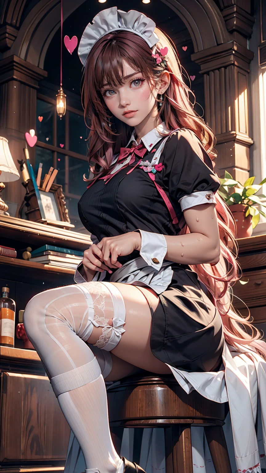 One girl, apron, bow, cube hair ornaments, dress, Frills, dark (Performance), hair ornaments, heart, heart hands, Long Hair, avert your eyes, Maid, Maid apron, Maid headdress, Mary Jane, One side up, Pink Hair, Shadowed face, shoes, short dress, alone, Sweat drops, Knee socks, white Knee socks, zettai ryouiki,