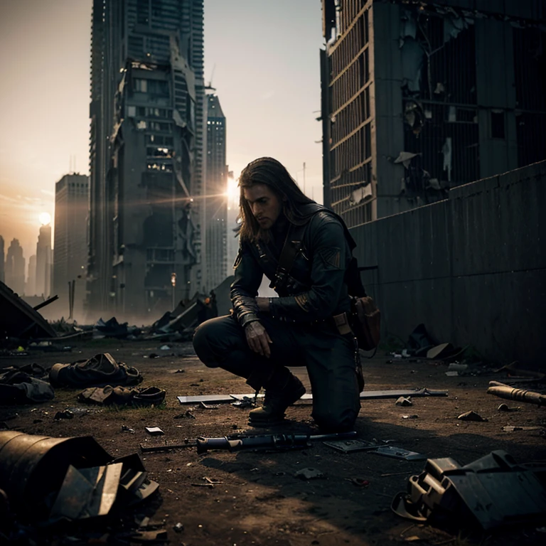 Create a dramatic image of a futuristic city, reminiscent of New York, with tall, ruined skyscrapers. The sun sets in the background, casting a somber light. In the center of the debris, a man wearing a high-tech exoskeleton kneels on his left knee, appearing exhausted and sorrowful. A sword is planted in the ground before him, with dog tags of fallen soldiers hanging from the hilt. The scene conveys the end of a battle and the loss of his comrades.