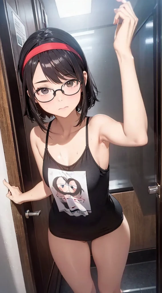 (masterpiece, Highest quality, It captures a very cute moment, Depth of written boundary, Super detailed, Ultra-high resolution, C4D, Octadale, 3D Modeling,Realistic human photos、 8K, 16K, One Girl,Middle school students, Small breasts,Black Hair,short hair,Straight Hair,Light brown eyes,White headband,Wearing black glasses,Cute face), Bloomers, Black tank top, translucent, zettai ryouiki, Wet clothes,Classroom Nights,Moonlight, Good elevator, Take off、Real-life skin、Not an anime
