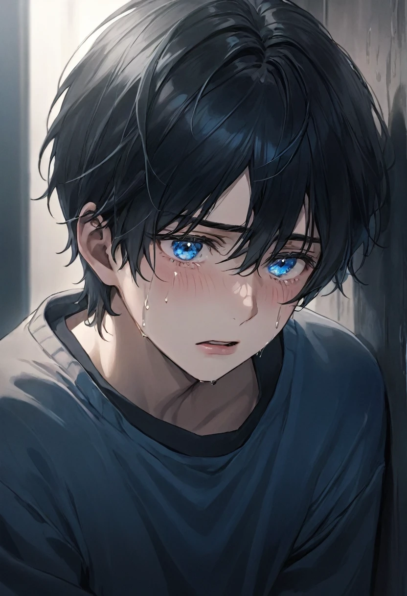 A high school boy with black hair and blue eyes, Crying in the corner of the school, Four men stood before him.. This boy has delicate features., Includes beautiful eyes and lips. His tears flowed down his cheeks, Adding emotion to the scene. The boy was dressed , His posture is hunched over.，In a vulnerable position, Emphasize his pain. The light in the corner where he cried was dim, Create a serious atmosphere. Image quality should be the best, Capture the intensity of emotion through extremely detailed and realistic rendering. The tone should be dark and moody, With a hint of blue to bring out the protagonist&#39;s blue eyes.