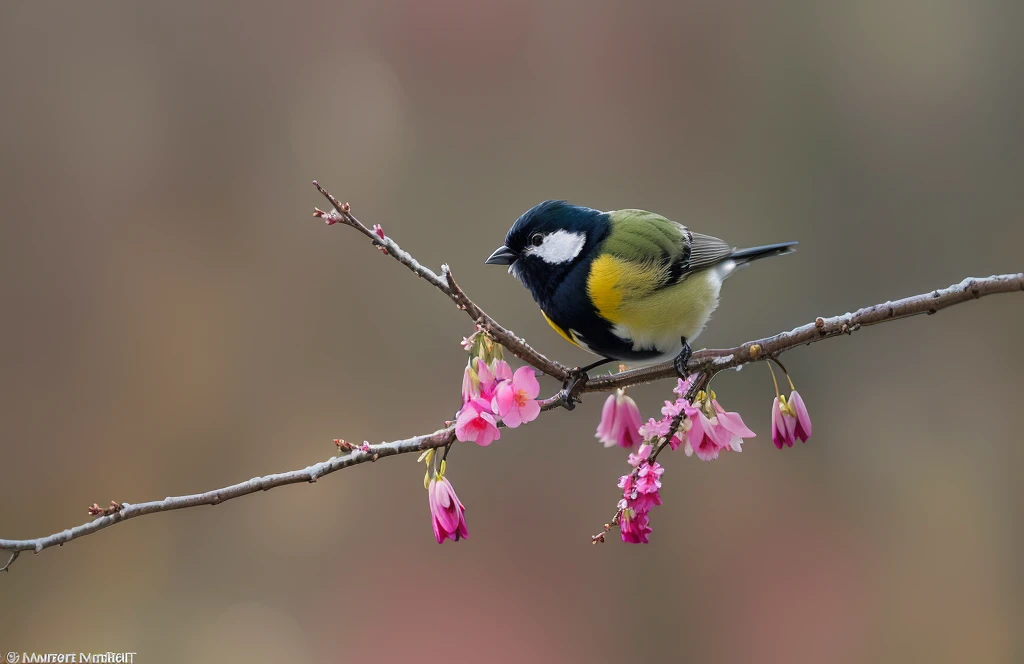 there is a small bird sitting On the branch with pink flowers, Perched on mossy branches, On the branch, flower, author Dietmar Damerau, author:Peter Churcher, Bird on the cherry tree, Popular on 500px, Popular on 500px, Beautiful nature, author:Jurgen von Hondberg, author:Paul Bird (Paul Bird)