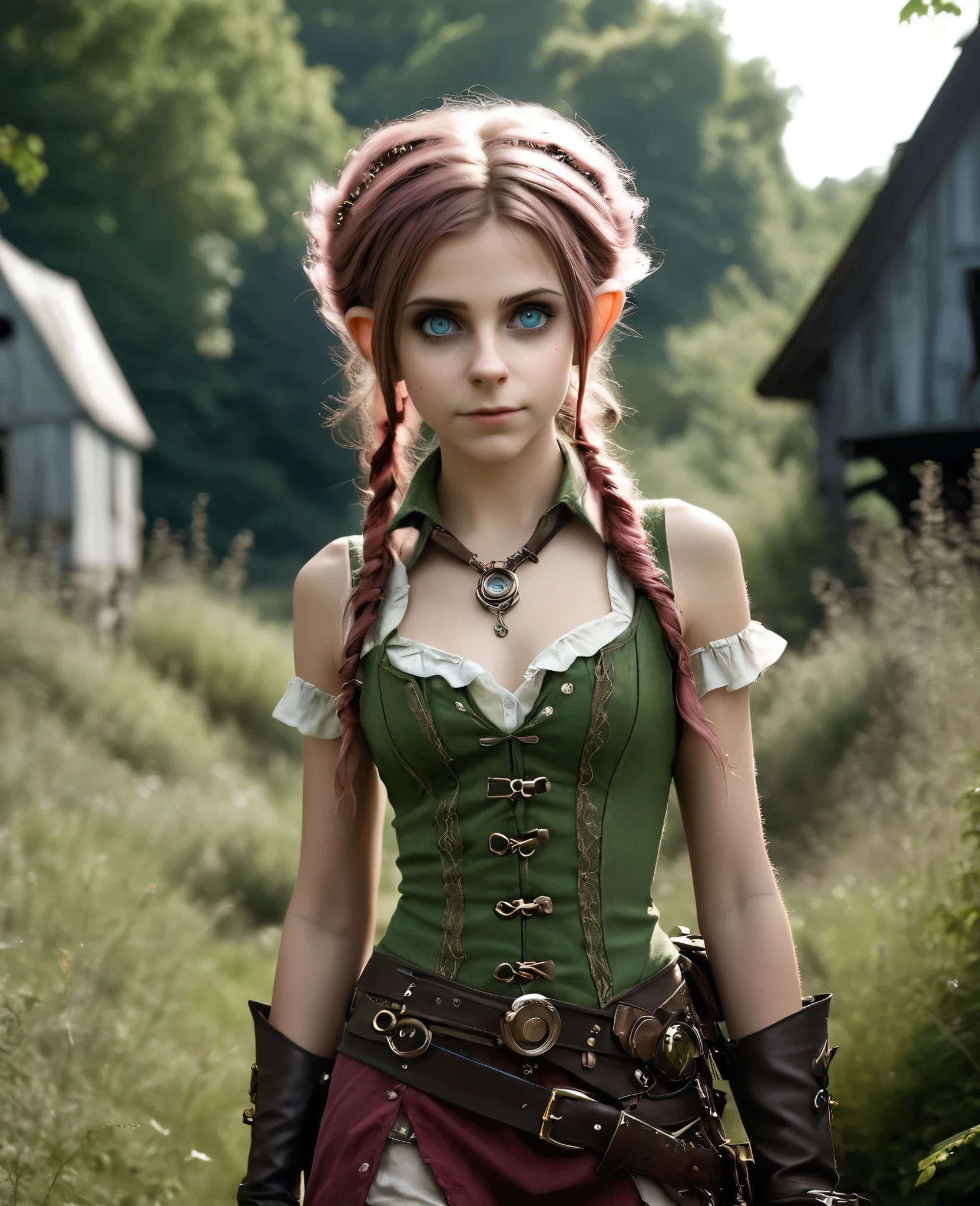 cute elf, (teenage elf  with extremely cute eyes)), (((elf))), ((((high resolution))), (((extremely detailed))), ((masterpiece)), looks like Aerith Gainsborough, dramatic shadows, depth of field, analog photo style, (world in which are collide steampunk and postapocalyptic vibes), postapocalyptic cute female in steampunk aesthetic, torn dirty clothes, depth of field, full body shot, unzoomed, (perfect body: 1.4), (sidecut short hairstyle), (stalking is quite common, although not the best way to make a living), stylized atmosphere of unreality, dark atmosphere, dynamic pose, in motion, Armageddon, increase cinematic lighting, highly lifelike skin texture, parted lips, weary eyes, fine eyes, whitened skin, random hair colour, doomsday aura