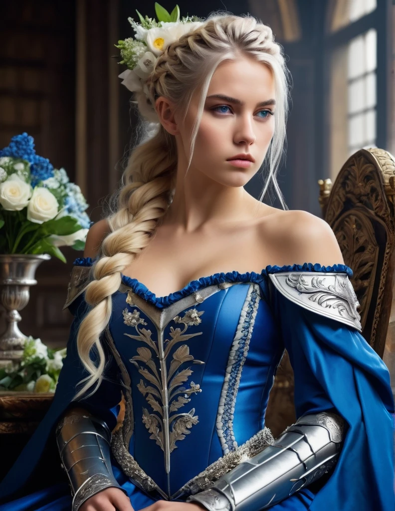 very attractive 25 year old girl with long platinum blonde hair, Woman, serious, warrior, armour, elegant, blue dress, aristocratic, silver elements, long nails, bare shoulders, hairstyle, hair up, braid and ponytail, messy, arrogant, absurd, detailed dress, royalty, celebration, hall decorated with flowers, cowboy shot, portrait, (best quality), (masterpiece), (highly detailed), (4k)