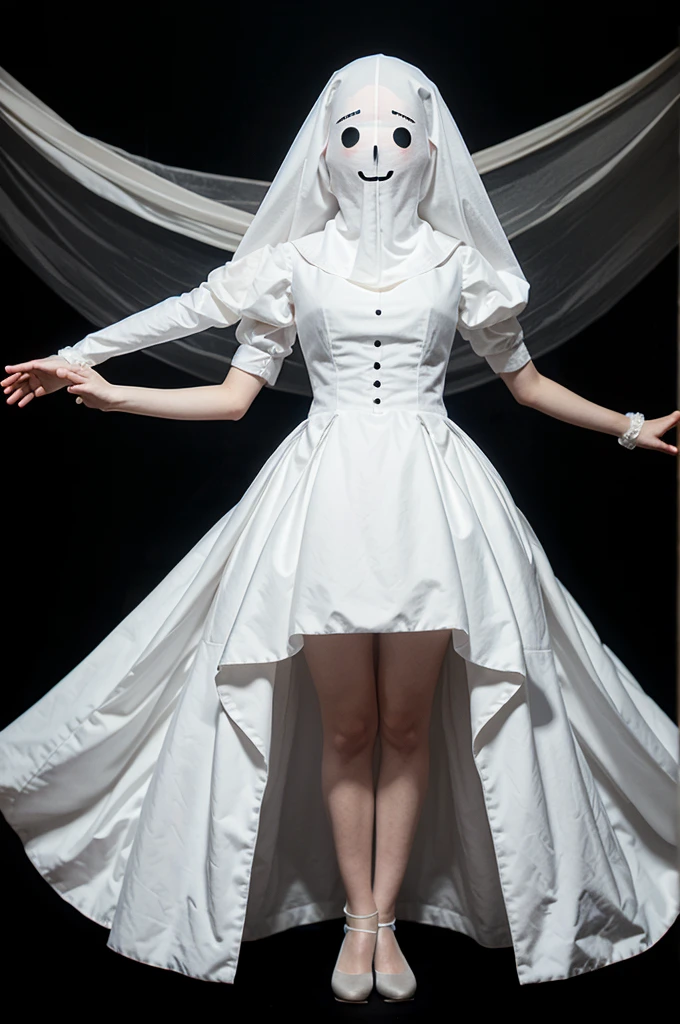 Ghost in white gown, hands raise like puppet, full body, no face, ultra realistic, detailed, black background