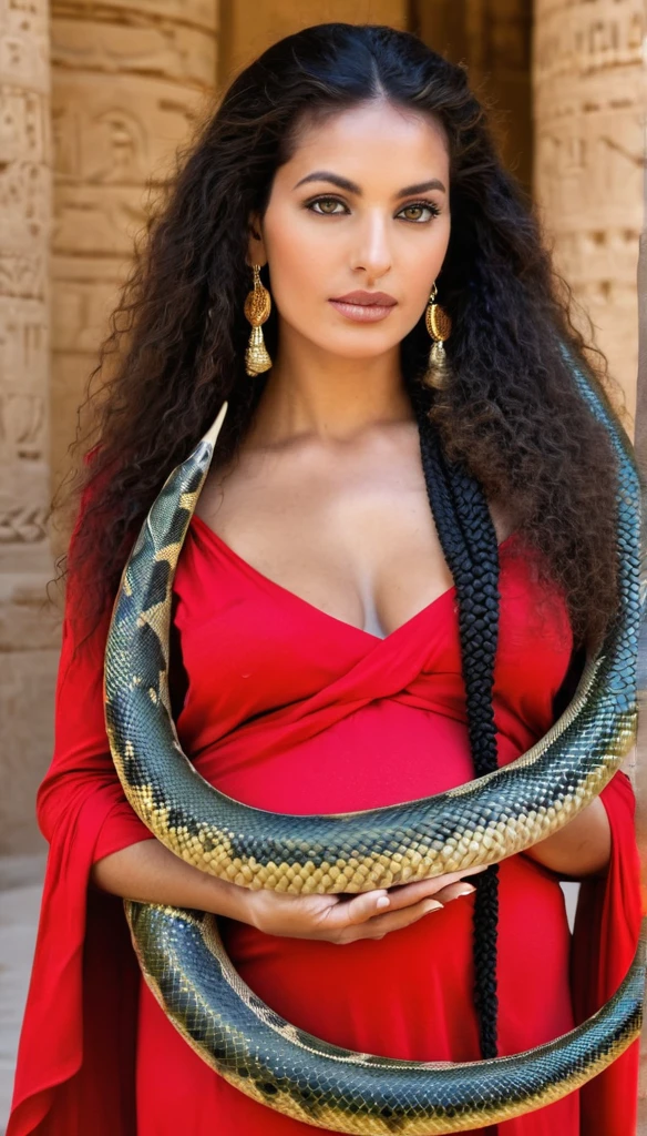Femme égyptienne , avec une grosse poitrine, une peau de serpent, de l'Égypte antique, dans un temple égyptien, porte une robe rouge et couleur sable, épousant le corps, a de long cheveux raide noirs orné de nombreux bijoux, la femme est enceinte de serpent, sa poitrine gonflé de lait, des crochets de serpent, visible lorsqu'elle sourit, a des yeux doré a pupilles reptilienne, porte un cobra noir