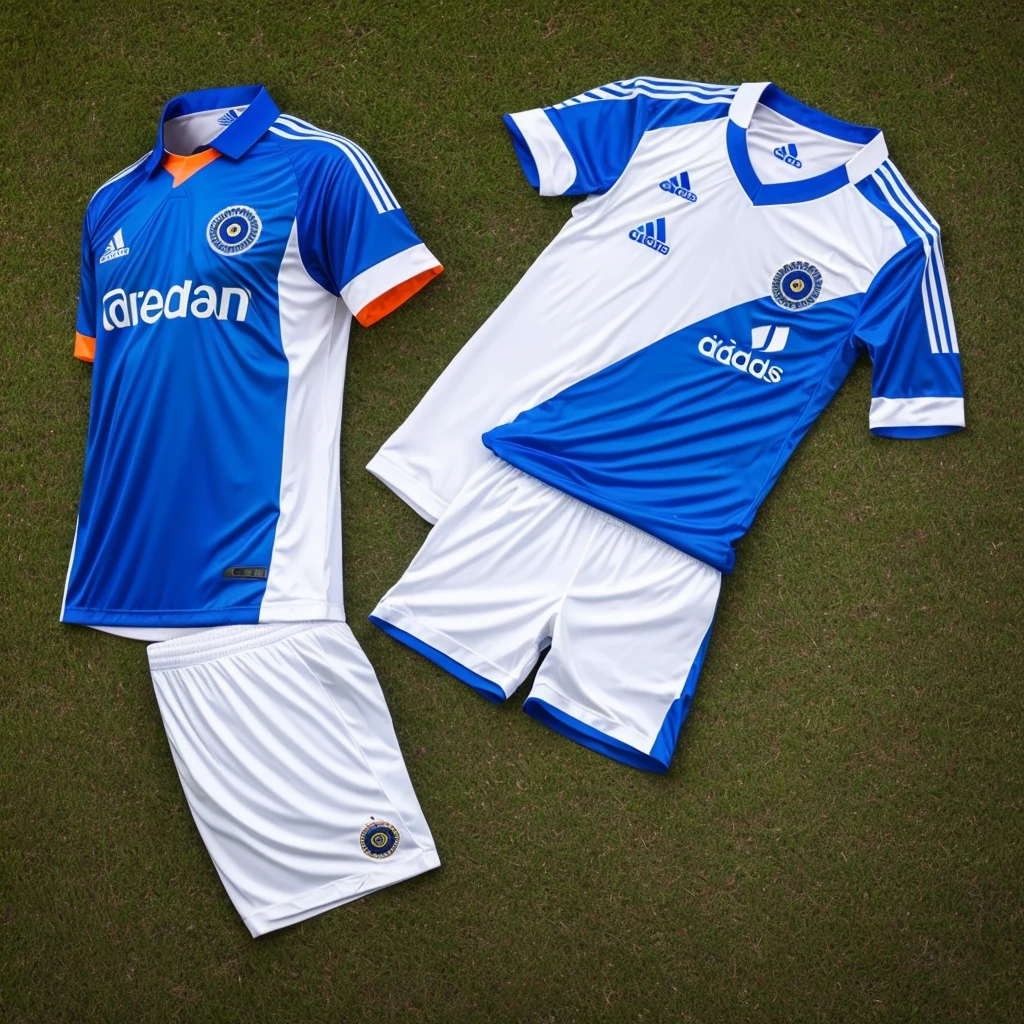 Indian football kit with blue and white as primary colours and orange for Addidas stripes . Top half of shirt covered with blue whereas bottom half with white . Shorts should be white in colour