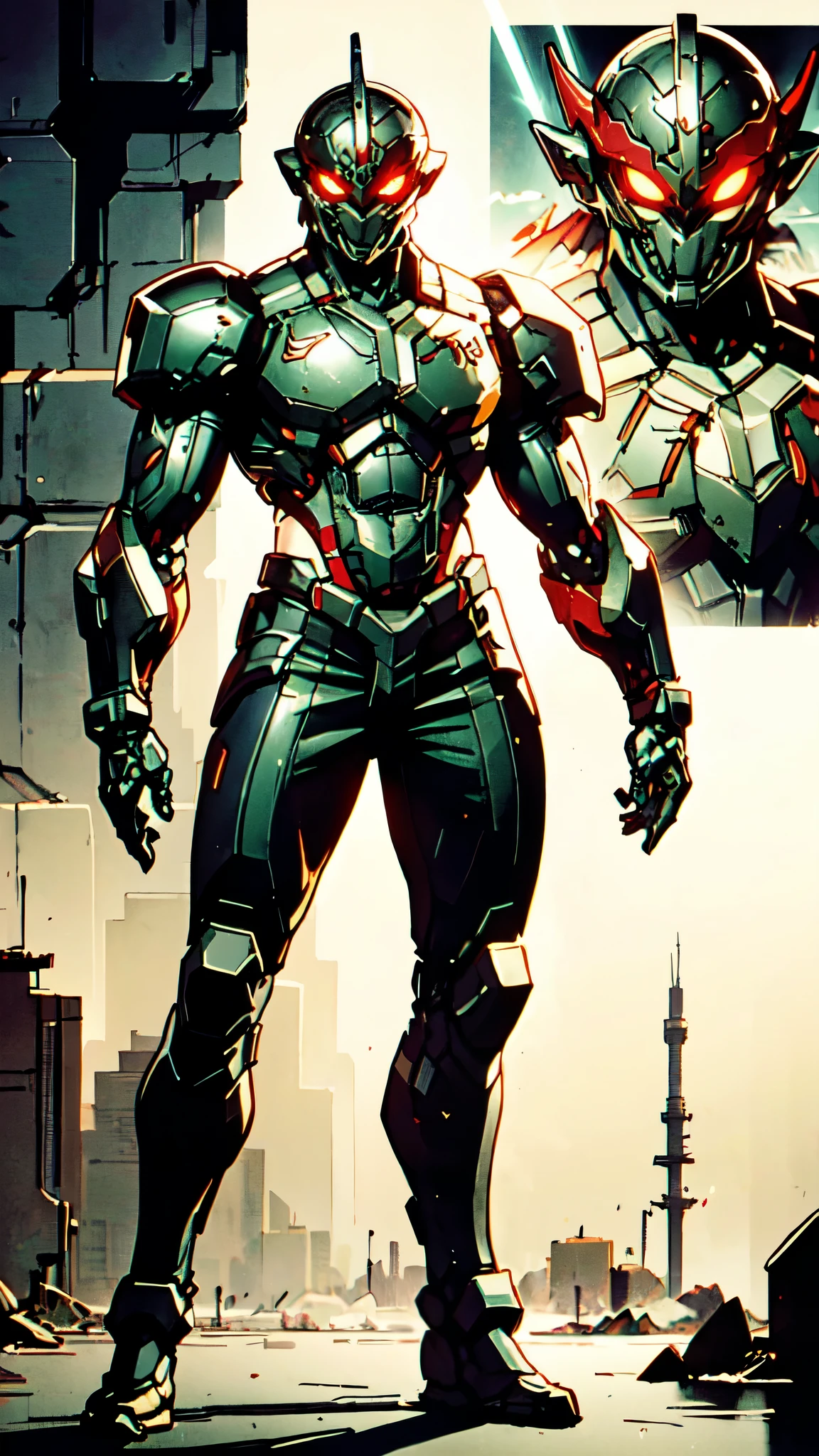 A man wearing a full-face helmet, a fantasy-style biotech armored combat suit, green eyes, (a composite layered chest armor), fully enclosed shoulder guards, matching arm and leg guards, the belt is adorned with dragon claw grasping orbs, (the color scheme is primarily black with red accents), the design balances heavy with agility, a high-tech bio-mecha armor, (Armor Concept Inspired by Dragons, stand on the top of a skyscraper in a futuristic sci-fi city), this character embodies a finely crafted fantasy-surreal style armored hero in anime style, exquisite and mature manga art style, (element, plasma, energy, the armor glows), ((male:1.5)), metallic, real texture material, dramatic, high definition, best quality, highres, ultra-detailed, ultra-fine painting, extremely delicate, professional, perfect body proportions, golden ratio, anatomically correct, symmetrical face, extremely detailed eyes and face, high quality eyes, creativity, RAW photo, UHD, 32k, Natural light, cinematic lighting, masterpiece-anatomy-perfect, masterpiece:1.5