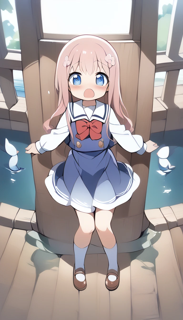 score_9, score_8_up, score_7_up, source_アニメ, masterpiece, 1girl, (work), blue dress, white sailor collar, red bowtie, white long sleeves, full body, from above, looking at viewer, indoors, open mouth, (Completely flooded)、Immersed in water、Transparent pool, White knee-highs、Water Play, Primary school students、Skirt fully open、Long wide skirt、cute、blush、Watery eye、Lots of water、Wet、((The skirt spreads over the water surface.))、(Drowning)、