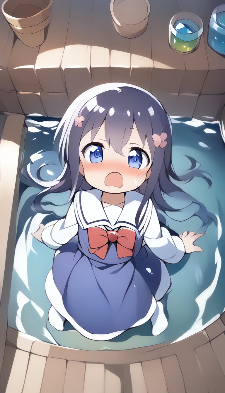 score_9, score_8_up, score_7_up, source_アニメ, masterpiece, 1girl, (work), blue dress, white sailor collar, red bowtie, white long sleeves, full body, from above, looking at viewer, indoors, open mouth, (Completely flooded)、Immersed in water、Transparent pool, White knee-highs、Water Play, Primary school students、Skirt fully open、Long wide skirt、cute、blush、Watery eye、Lots of water、Wet、((The skirt spreads over the water surface.))、(Drowning)、
