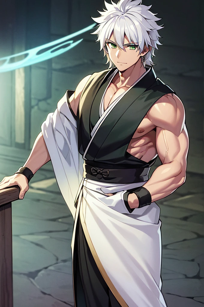 ((Pixiv)),(masterpiece_portrait),(Wuxia),(10s-anime-aesthetic),(Akira Kitamura),1boys,muscular,White_skin,sharp_face,medium_hair,white_hair,curly_hair,hair_over_one_eye,light_green_eyes,samurai,Japan,smiling_face,Closed_mouthhalf-closed_eyes,reaching_out,Black kimono,Gray tasuki,White bell-bottoms,Space Gray shoulder_cape,standing,cowboy shot,male_focus,ligne_claire