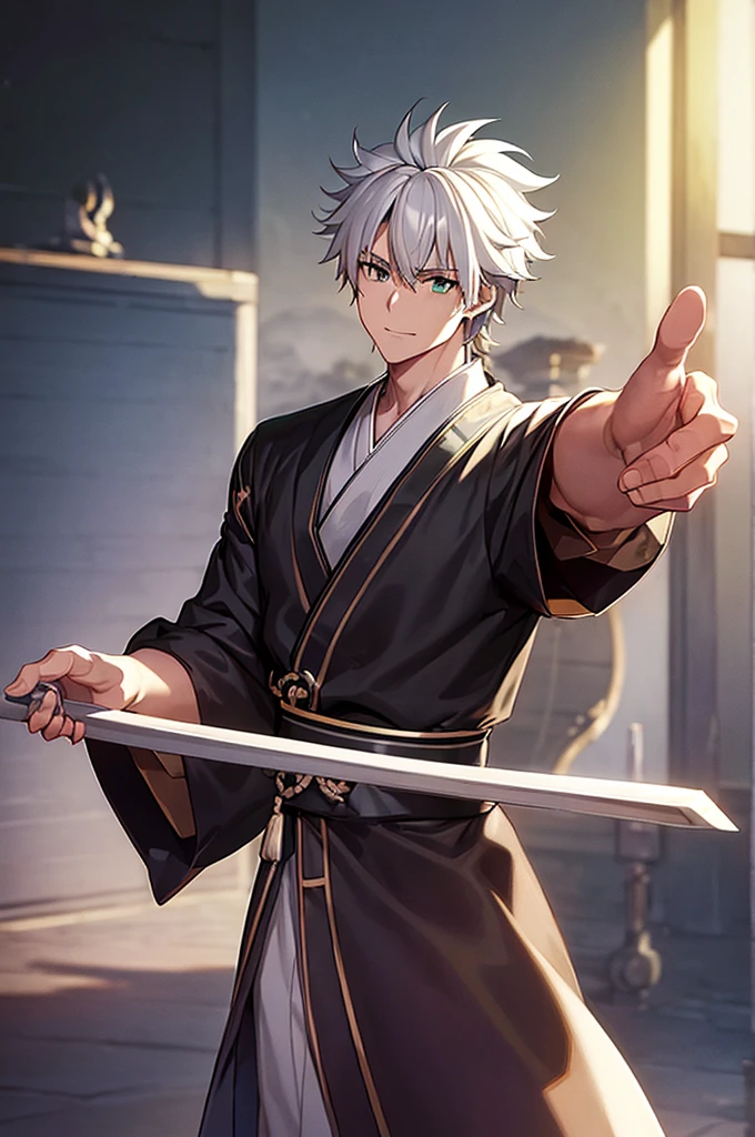 ((Pixiv)),(masterpiece_portrait),(Wuxia),(10s-anime-aesthetic),(Akira Kitamura),1boys,muscular,White_skin,sharp_face,medium_hair,white_hair,curly_hair,hair_over_one_eye,light_green_eyes,samurai,Japan,smiling_face,Closed_mouthhalf-closed_eyes,reaching_out,Black kimono,Gray tasuki,White bell-bottoms,Space Gray shoulder_cape,standing,cowboy shot,male_focus,ligne_claire