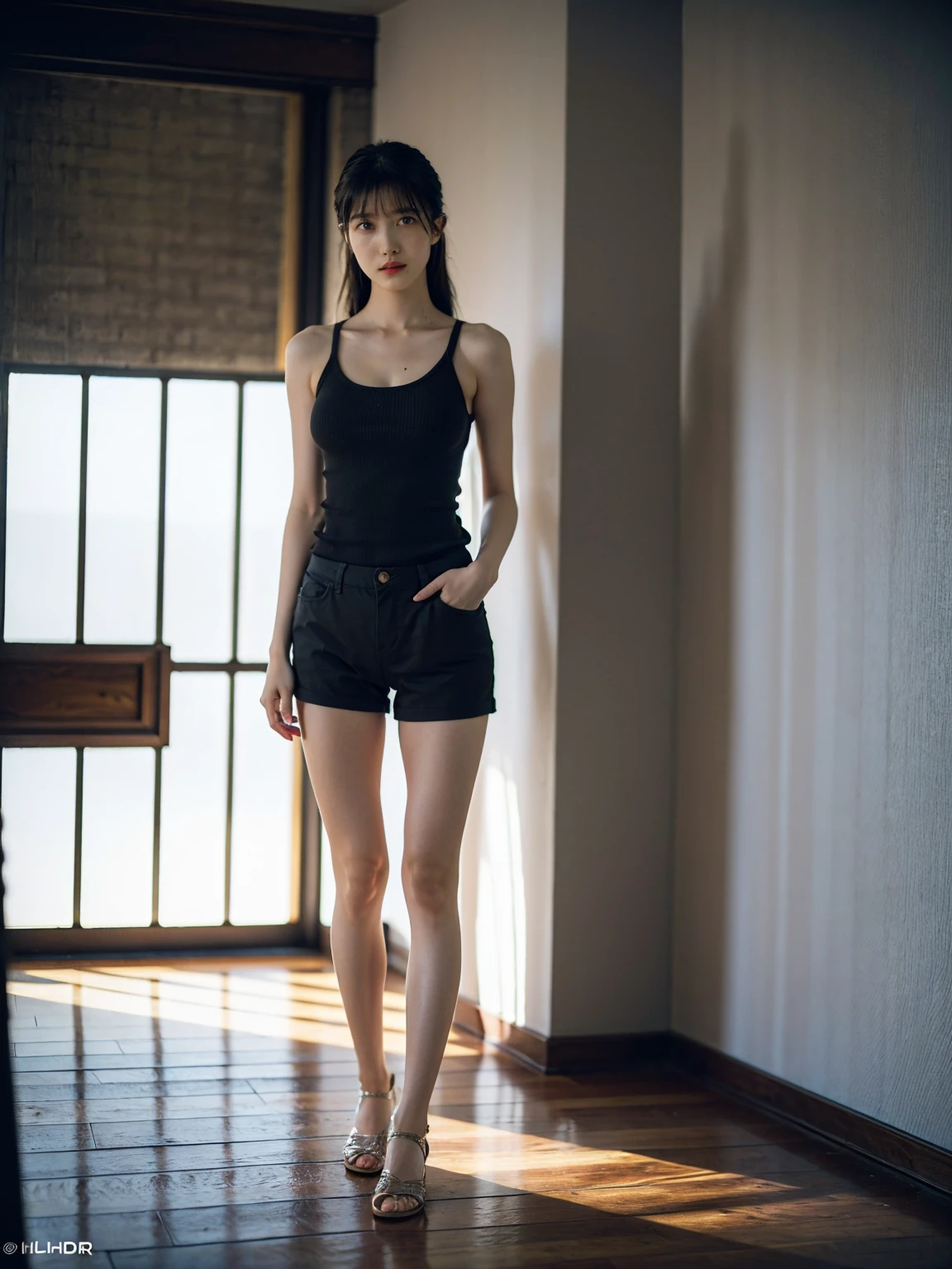 1girl, woman, masterpiece, best quality, highest quality, cinematic lighting, (volumetric lighting), extremely detailed CG unity 8k wallpaper, focused, 8k wallpaper, extremely detailed, ultra realistic, photorealistic, sharp focus, absurdres, (HDR:1.2), (high contrast), photograph, detailed and intricate, instagram, portrait, highly detailed, digital painting, artstation, concept art, smooth, sharp focus, illustration, cinematic lighting, (Natural big breast), black short skirt, eyes looking at the viewer, ((medium shoulder)), (skinny), (slender body), (((height 166cm))), (HQ skin:1.4, Realistic human body structure), (wearing knit tank top, short pants,cleavage), ((Full Body:1.6))