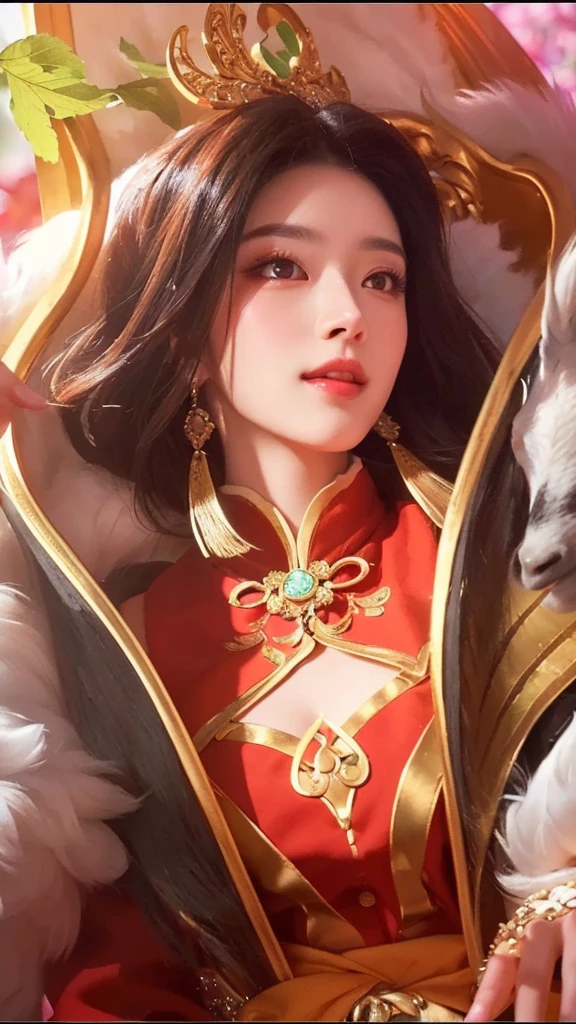 a beautiful detailed woman with striking eyes, elegant lips, smile, intricate hairstyle, standing in a mystical forest setting, a majestic goat by her side, a vibrant bird perched on her finger, highly detailed onmyoji-style portrait, ethereal lighting, warm color palette, masterpiece, 8k, photorealistic