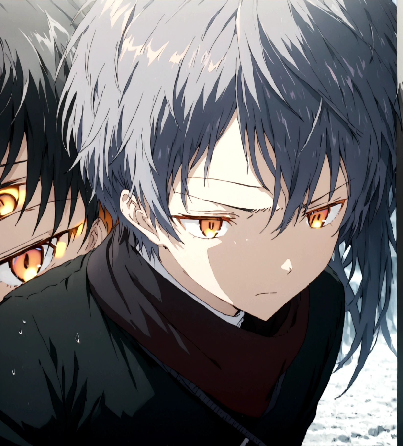 Black messy fluffy hair, orange glowing eyes, bored and cold-hearted face expression, black jacket with fluffy collar, white turtle neck shirt, black pants, black long cool scarf, cool