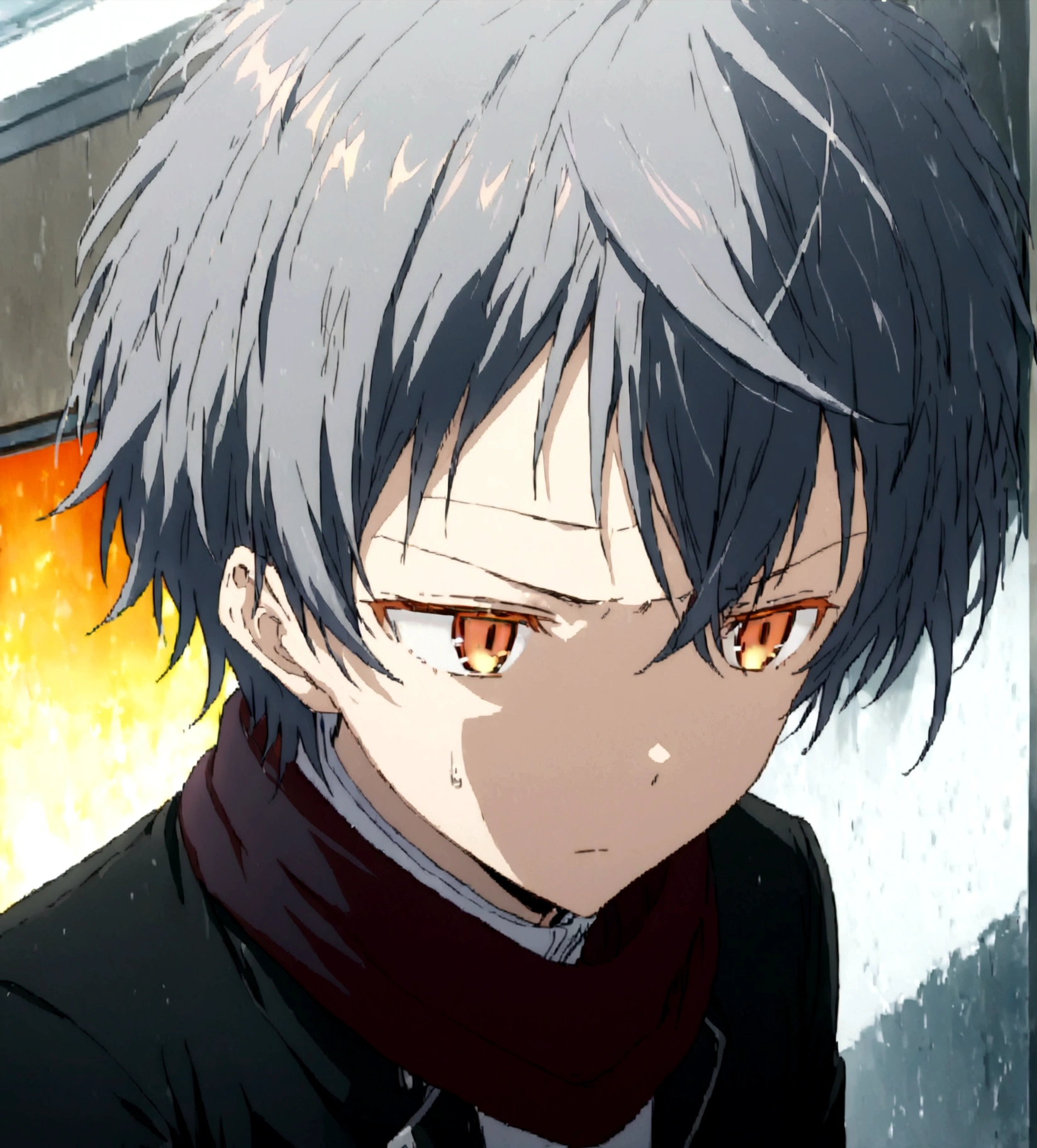 Black messy fluffy hair, orange glowing eyes, bored and cold-hearted face expression, black jacket with fluffy collar, white turtle neck shirt, black pants, black long cool scarf, cool